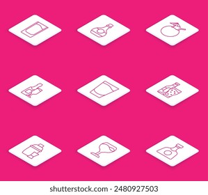 Set line Shot glass, Bottle of cognac or brandy, Coconut cocktail, Champagne bottle, Beer, Cocktail shaker and Wine icon. Vector