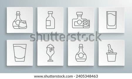 Set line Shot glass, Glass bottle of vodka, beer, Bottle cognac or brandy, Champagne in ice bucket, Whiskey,  and  icon. Vector