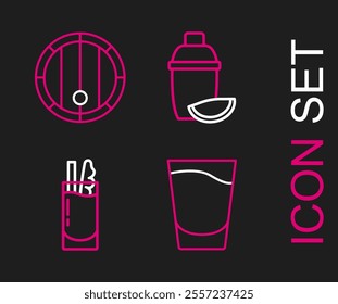 Set line Shot glass, Cocktail Bloody Mary, shaker with lime and Wooden barrel icon. Vector