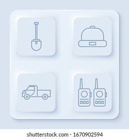 Set line Shovel, Beanie hat, Pickup truck and Walkie talkie. White square button. Vector