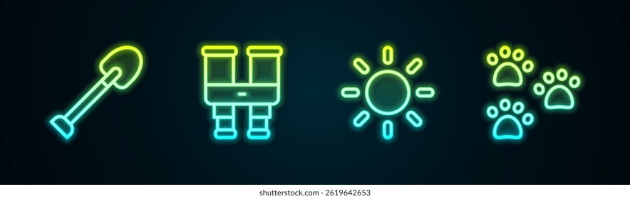 Set line Shovel, Binoculars, Sun and Paw print. Glowing neon icon. Vector