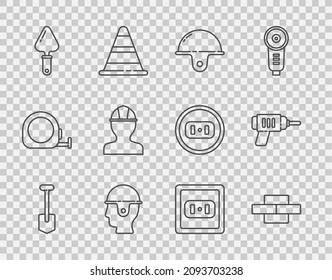 Set line Shovel, Bricks, Worker safety helmet, Trowel, Electrical outlet and drill machine icon. Vector