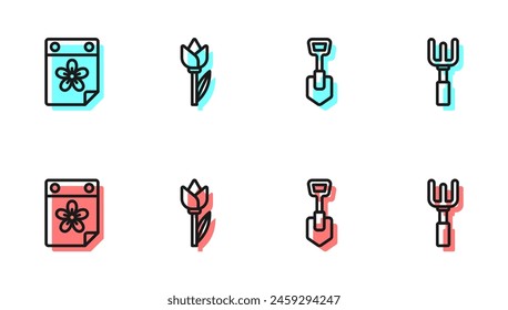 Set line Shovel, Calendar with flower, Flower tulip and Garden rake icon. Vector