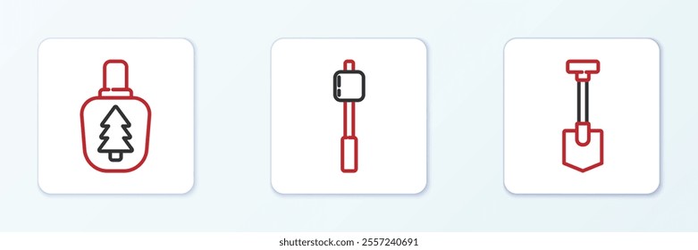 Set line Shovel, Canteen water bottle and Marshmallow on stick icon. Vector