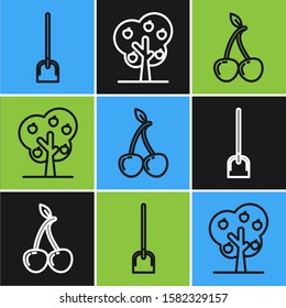 Set line Shovel, Cherry and Tree with apple icon. Vector