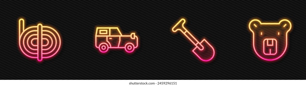Set line Shovel, Climber rope, Off road car and Bear head. Glowing neon icon. Vector