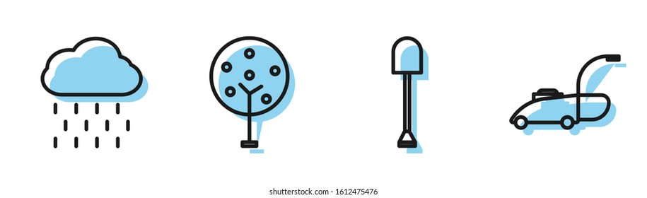 Set line Shovel, Cloud with rain, Tree and Lawn mower icon. Vector