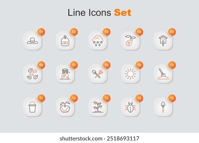 Set line Shovel, Colorado beetle, Sprout, Apple, Bucket, in the ground, Sun and and rake icon. Vector