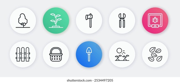 Pala, escarabajo de Colorado, valla de jardín de madera, brotes de plantas crecen en el sol, tijeras de jardinería, hacha de madera, semillas de plantas específicas e icono de cesta de mimbre. Vector