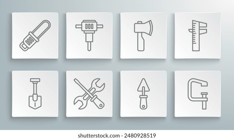 Pala, martillo de construcción, destornillador y llave, paleta, herramienta de tornillo de sujeción, hacha de madera, pinza o escala de pinza y motosierra icono. Vector