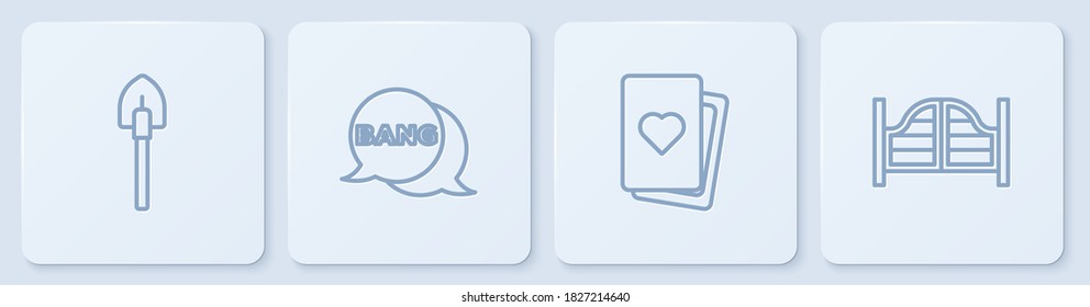 Set line Shovel, Deck of playing cards, Bang boom, gun Comic and Saloon door. White square button. Vector