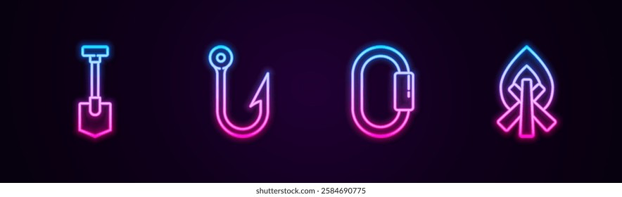 Set line Shovel, Fishing hook, Carabiner and Campfire. Glowing neon icon. Vector