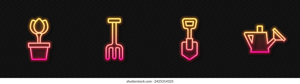 Set line Shovel, Flower tulip in pot, Garden rake and Watering can. Glowing neon icon. Vector