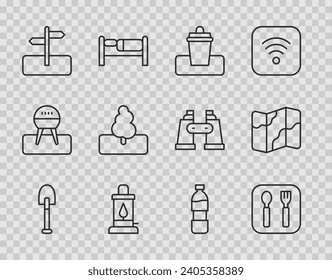 Set line Shovel, Fork and spoon, Trash can, Camping lantern, Road traffic sign, Tree, Bottle of water and hiking map icon. Vector