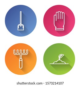 Set line Shovel, Garden gloves, Garden rake and Sprout. Color circle button. Vector