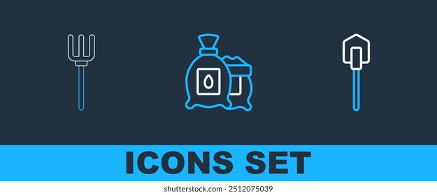 Set line Shovel, Garden pitchfork and Pack full of seeds of plant icon. Vector