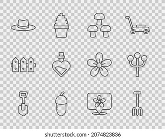 Set line Shovel, Garden rake, Mushroom, Acorn, Gardener worker hat, Bottle with love potion, Location flower and Blossom tree branch icon. Vector