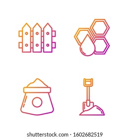 Set line Shovel in the ground, Bag of flour, Garden fence wooden and Honeycomb. Gradient color icons. Vector