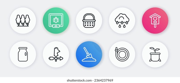 Set line Shovel in the ground, Bird house, Glass jar with screw-cap, Garden hose, Cloud rain, Wicker basket, Plant pot and Rooster weather vane icon. Vector
