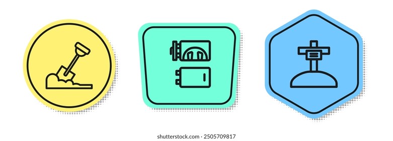 Fijar línea Pala en el suelo, Crematorio y Tumba con cruz. Formas de colores. Vector