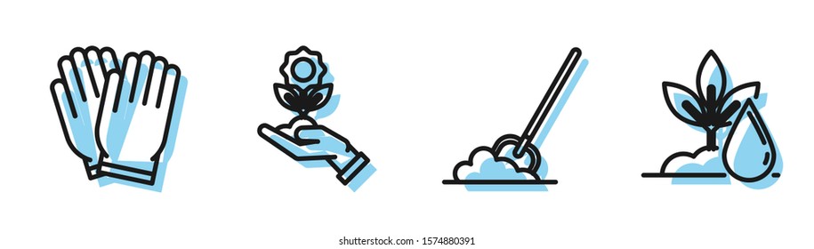 Set line Shovel in the ground, Garden gloves, Hand holding flower and Watering plant icon. Vector