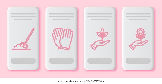 Set line Shovel in the ground, Garden gloves, Plant in hand of environmental protection and Hand holding flower. White rectangle button. Vector
