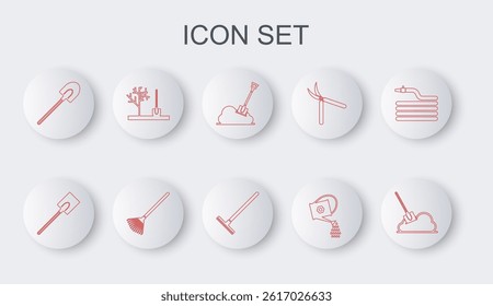 Set line Shovel in the ground, Garden shovel, Watering can, Planting tree, rake for leaves and  icon. Vector