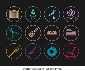 Set line Shovel in the ground, Garden hose or fire hose, Gardening handmade scissor, fork, fence, Automatic irrigation sprinklers and Flowers pot icon. Vector