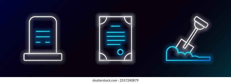 Set line Shovel in the ground, Grave with tombstone and Death certificate icon. Glowing neon. Vector