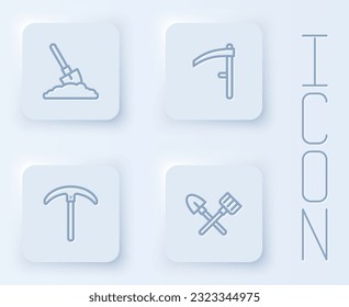 Set line Shovel in the ground, Scythe, Pickaxe and and rake. White square button. Vector