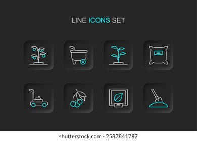 Set line Shovel in the ground, Seeds of specific plant, Fresh berries, Lawn mower, Pack full seeds, Sprout, Wheelbarrow and  icon. Vector