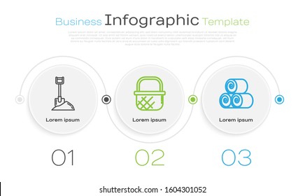 Set line Shovel in the ground, Shopping basket and Roll of hay. Business infographic template. Vector