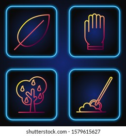 Set line Shovel in the ground, Tree with pears, Leaf and Garden gloves. Gradient color icons. Vector