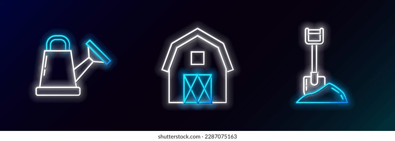 Set line Shovel in the ground, Watering can and Farm House concept icon. Glowing neon. Vector