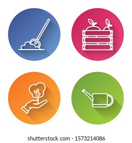 Set line Shovel in the ground, Wooden box for fruits and vegetables, Tree in hand of environmental protection and Watering can. Color circle button. Vector