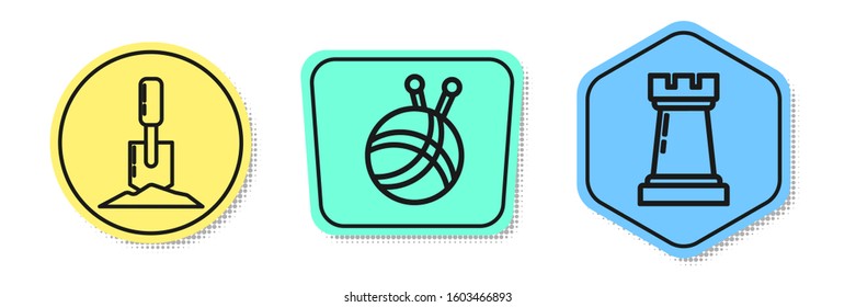 Set line Shovel in the ground, Yarn ball with knitting needles and Chess symbol. Colored shapes. Vector