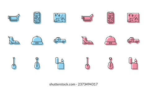 Set line Shovel, Guitar, Cinema camera, Lighter, Beanie hat, Pickup truck, Hiking boot and City map navigation icon. Vector