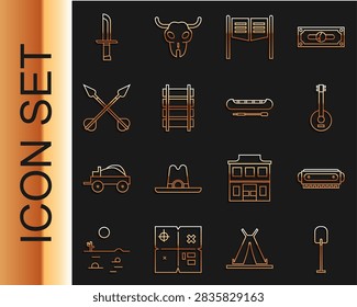 Set line Shovel, Harmonica, Banjo, Saloon door, Railway, railroad track, Crossed arrows, Military knife and Kayak canoe and paddle icon. Vector