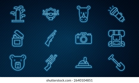 Set line Shovel, Hiking backpack, Rhinoceros, Hunting gun, Lighter, African tree, Photo camera and Deer antlers on shield icon. Vector