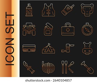 Set line Shovel, Hippo or Hippopotamus, Compass, Walkie talkie, Lighter, Off road car, Spray against insects and First aid kit icon. Vector