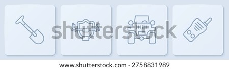 Set line Shovel, Off road car, Deer antlers on shield and Walkie talkie. White square button. Vector