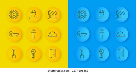 Set line Shovel, Old key, Hammer, Closed door, Worker safety helmet, Circular saw blade, Road barrier and  icon. Vector