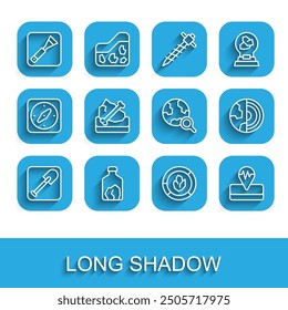 Set line Shovel, Ore mining, Paint brush, Soil analysis, Earthquake, Archeology, core structure crust and Magnifying glass with globe icon. Vector