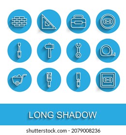 Set line Shovel, Paint brush, Bricks, Rasp metal file, Electrical outlet, Hammer, Roulette construction and Wrench spanner icon. Vector