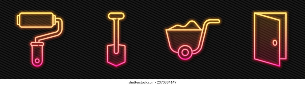 Set line Shovel, Paint roller brush, Shovel and Closed door. Glowing neon icon. Vector