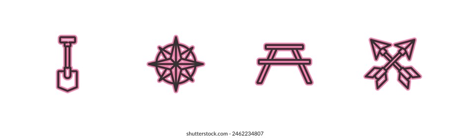Set line Shovel, Picnic table with benches, Wind rose and Crossed arrows icon. Vector