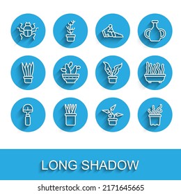 Set line Shovel, Plant in pot, Beetle bug, Exotic tropical plant, Cactus peyote,  and  icon. Vector
