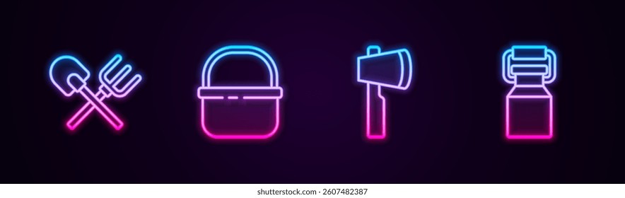 Set line Shovel and rake, Basket, Wooden axe and Can container for milk. Glowing neon icon. Vector