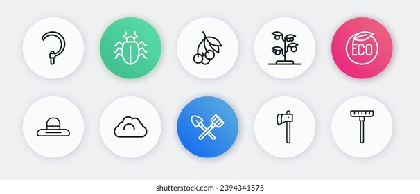 Set line Shovel and rake, Eco healthy food, Farmer worker hat, Wooden axe, Sprout, Fresh berries, Garden and Cloudy weather icon. Vector