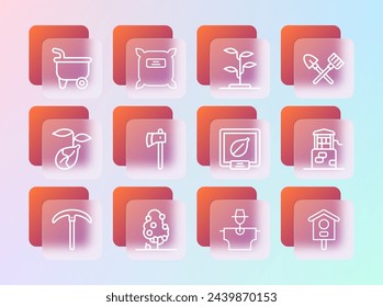 Set line Shovel and rake, Fruit tree, Seeds of specific plant, Scarecrow, Wooden axe, Sprout, Wheelbarrow and Pack full seeds icon. Vector